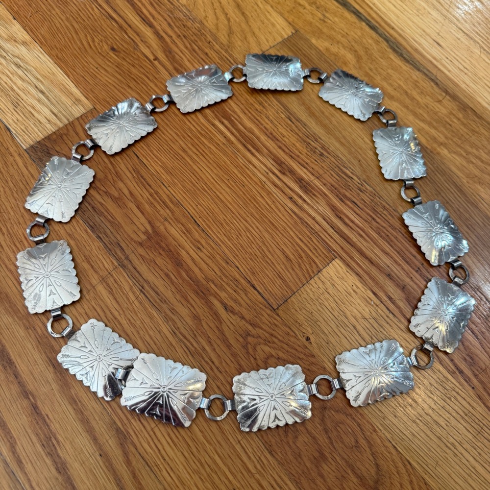 Vintage Silver Tone Stamped Concho Chain Belt Arrow Sunburst Rectangular Plates
